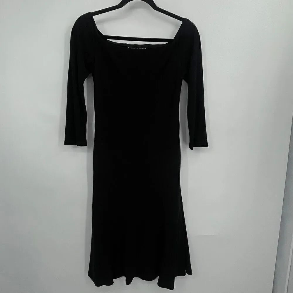 Ralph Lauren Black Label Black Stretch Square Neck 3/4 Sleeve Midi Dress Size 10